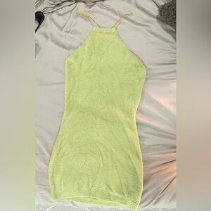 Green fuzzy mini dress with gold chain straps